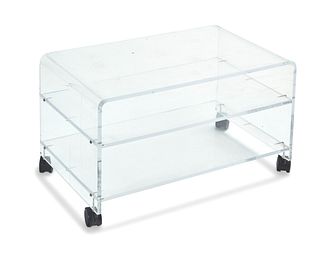A two-tiered Lucite rolling cart