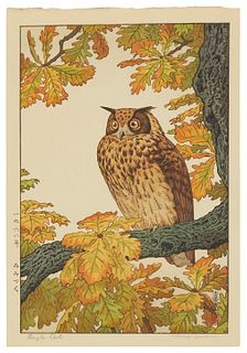 Toshi Yoshida (1911-1995), "Eagle Owl," 1968, Woodcut in colors on paper, Image: 14.75" H x 10" W; Sheet: 16.25" H x 11.25" W