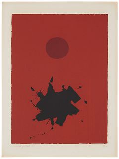 Adolph Gottlieb (1903-1974), "Red Ground Maroon Disc," 1966, Screenprint in colors on paper, Image: 20" H x 15" W