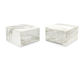 A pair of Carrera marble plinth side tables