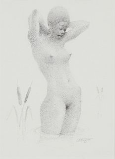 20th Century American School , Pointilist portrait of a nude woman, Ink on paper, Sight: 10.625" H x 7.75" W