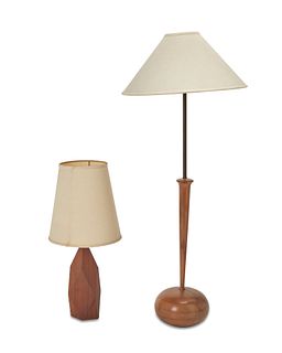 Two modern teak wood lamps