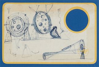 20th Century American School, Untitled, Ink drawing on a paper placemat over blue paper, Appears unsigned, Image/Sheet: 7" H x 11" W