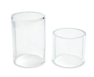 Two Lucite drum side tables