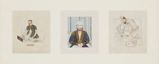 19th Century Mogul School, Three Mogul portraits, Mixed media on paper, Sight of each: 6.625" H x 5.625" W