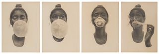 Richard Wyatt Jr (b. 1955), "Bubblegum Problems," 1976, Charcoal and graphite on four sheets of cream-colored paper, Sheet of each: 14" H x 11" W