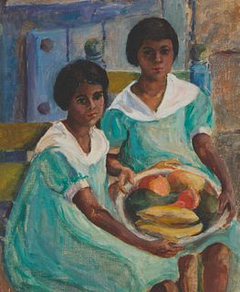 Katharine Calvin (20th century), Two girls holding a platter of fruit, Oil on canvas, Signed on the stretcher: K. Calvin, 24" H x 20" W