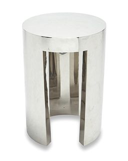 A modern chrome-plated metal side table