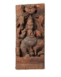 A South Asian "Siddhi Ganesha" carved teak panel