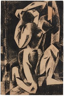 Josef Peca, (1923-1982), Crouching figure with raised arms, 1963, Conte crayon on beige paper, 38.375" H x 25.5" W