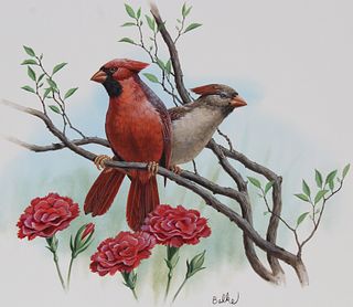 Don Balke (B. 1933) Cardinal and Red Carnation