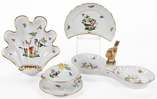HUNGARIAN HEREND "ROTHSCHILD BIRD" PORCELAIN TABLE ARTICLES, LOT OF FIVE