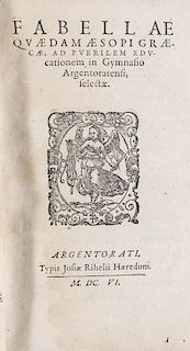 (Golius, Theophilus)
Educationis puerilis linguae Graecae pars prima, pro Schola Argentinensi. Mit Holzschnitt Titelvignette.