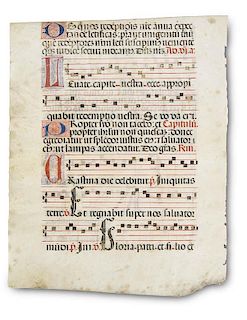 Antiphonar-Blatt mit insg. 6 kolorierten Initialen u. rubriziertem Text mit Quadratnoten recto u. verso. Pergament. 17./18. J