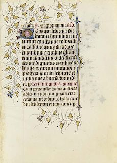 Antiphonar-Blatt mit rubriziertem Text, 2 in blau u. rot kolorierten u. goldgehoehten Initialen sowie goldgehoehter Blattrank