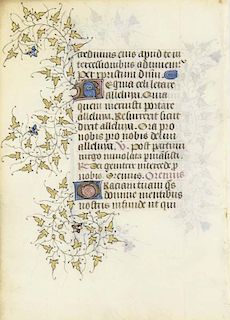 Antiphonar-Blatt mit rubriziertem Text, 3 kolorierten u. goldgehoehten Initialen sowie goldgehoehter Blattrankenborduere rect