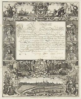Kupferstich-Urkunde von F.G. Schmidt. Berlin, dat. 1743: Receptions-Schein, "daß ... Herr Antonius Mangold ... sich bey der 