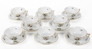 HUNGARIAN HEREND "ROTHSCHILD BIRD" PORCELAIN CUP AND SAUCER SETS, LOT OF EIGHT