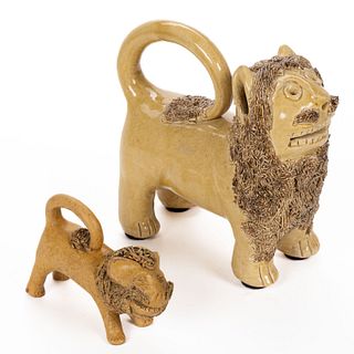 NORTH CAROLINA EARTHENWARE / REDWARE LION FIGURES, LOT OF TWO