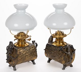  MESSENGER & SONS ATTRIBUTED METAL FIGURAL TREE STUMP AND OWL VASE LAMPS, PAIR  