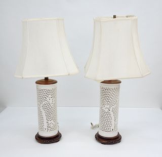 Pair of Blanc de Chine Porcelain Base Table Lamps.