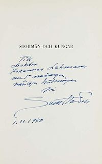 Hedin, SvenStormaen och kungar. 2 Bde. Je von Sven Hedin gewidmet und signiert. Stockholm, Fahlcrantz & Co., 1950. 513 S. 50