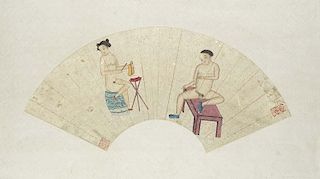 2 erotische Zeichnungen. China. Schwarze und farbige Tusche mit Blattgold auf faecherfoermigem Papier, auf festes Papier aufg