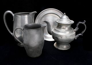 LOT OF PEWTER PITCHERS AND TEA POT