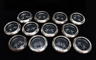 12 FRANK WHITING & CO CRYSTAL COASTERS & STERLING RIM COASTERS