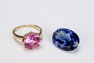 14K & SYNTHETIC PINK SAPPHIRE RING & SYNTHETIC FACETED ALEXANDRITE 