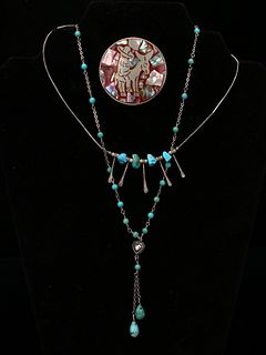 TWO NATIVE AMERICAN MEXICAN STERLING & TURQUOISE NECKLACES & PIN