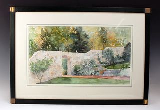 LARGE SIGNED WATERCOLOR OF GARDEN