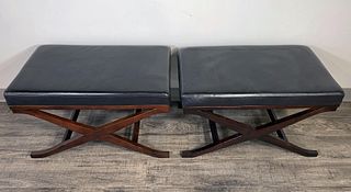TWO X FRAME DONGGUAN OTTOMANS WITH LEATHER CUSHIONS 