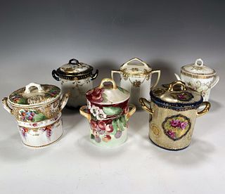SIX HAND PAINTED PORCELAIN LIDDED CANISTERS 