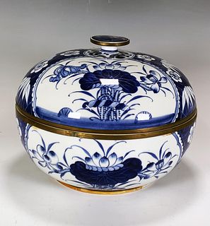 BLUE & WHITE LIDDED BOWL WITH BRASS ACCENTS