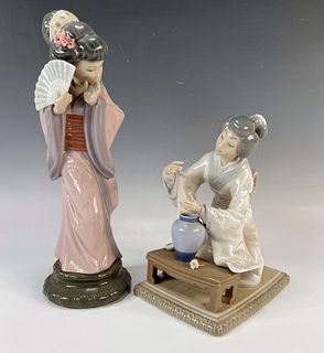 LLADRO WOMAN WITH CHERRY BLOSSOM & TIMID JAPANESE GEISHA FIGURES