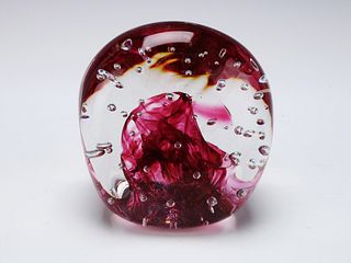 LARGE SIGNED CONTROLLED BUBBLE ART GLASS PAPERWEIGHT