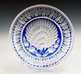 CUT TO CLEAR COBALT GLASS PEACOCK DISH
