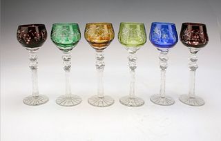 6 BOHEMIAN CUT TO CLEAR CRYSTAL STEMMED CORDIAL GLASSES