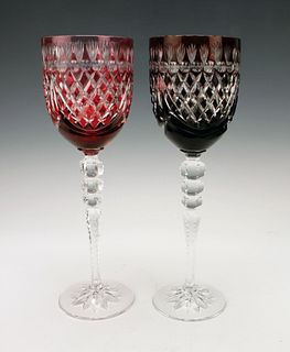 TWO JUSTIN THARAUD CUT TO CLEAR RUBY & RED WINE GOBLETS