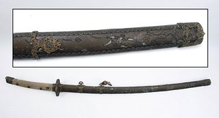 CHINESE CHANG DAO SWORD WITH DECORATIVE WARRIOR SCABBARD.