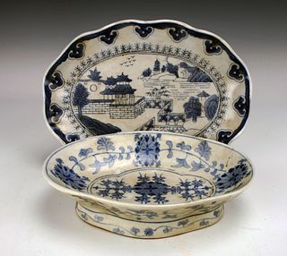 BLUE & WHITE SCALLOPED DISH & OVAL FOOTED DISH