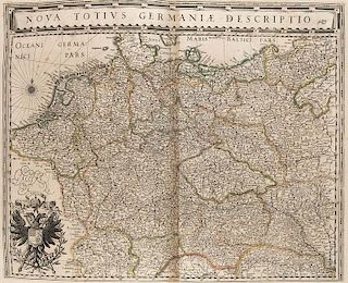 Nova totius Germaniae descriptio. Grenzkol. Kupferstichkarte. Amsterdam, Blaeu, um 1640. Plattenmaße ca. 40 x 50 cm (49,5 x 