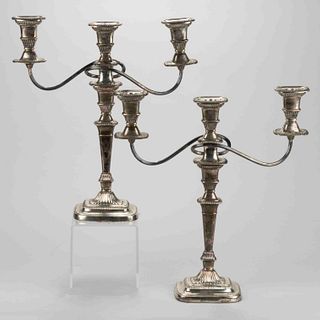 ENGLISH NEOCLASSICAL-STYLE WEIGHTED STERLING SILVER CANDELABRA PAIR 