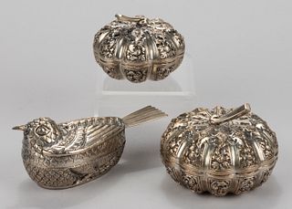 SOUTHEAST ASIAN REPOUSSE FIGURAL SILVER BETEL BOXES, LOT OF THREE