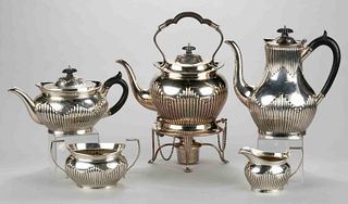 VICTORIAN ENGLISH STERLING SILVER AND SILVER-PLATED ASSEMBLED FIVE-PIECE COFFEE AND TEA SERVICE