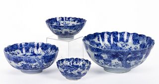 JAPANESE EXPORT PORCELAIN BLUE AND WHITE GRADUATED BOWL SET, LOT OF FOUR