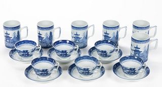 PORTUGUESE MOTTAHEDEH BLUE CANTON CONTEMPORARY PORCELAIN DRINKING ARTICLES, LOT OF 18
