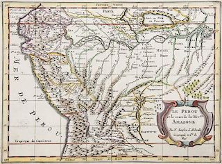 Le Perou et le cours de la Riv.re Amazone. Grenzkolorierte Kupferstichkarte von N. Sanson d'Abbeville. Paris, (um 1690). Plat
