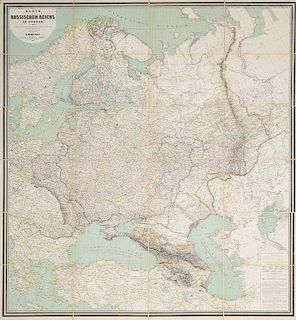 Kiepert, Heinrich
Karte des Russischen Reichs in Europa. (Chromolithographie in 24 Segmenten auf Lwd. aufgezogen). Maße ca. 